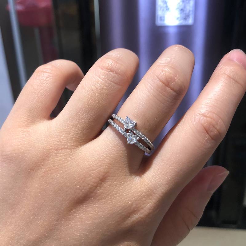 心形钻双主石Women's RingS925银镀白金定制选款主石Moissanite0.6ct/副石高碳钻